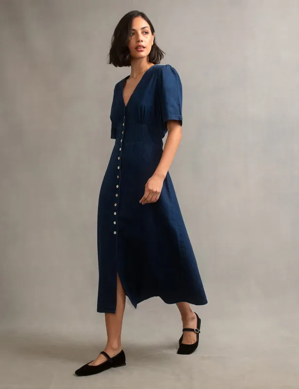 Dark Denim Alexa Midi Tea Dress sold by Nobody's Child