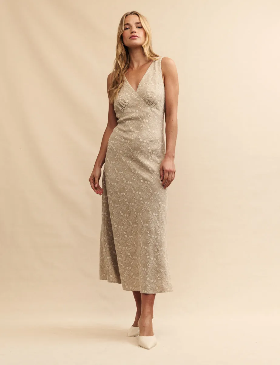 Beige Floral Embroidered Helena Midi Dress sold by Nobody's Child