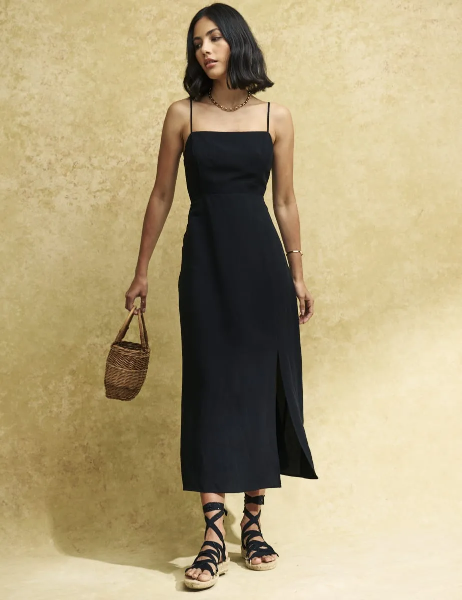 Black Linen-blend Spaghetti Strap Maddy Midaxi Dress sold by Nobody's Child