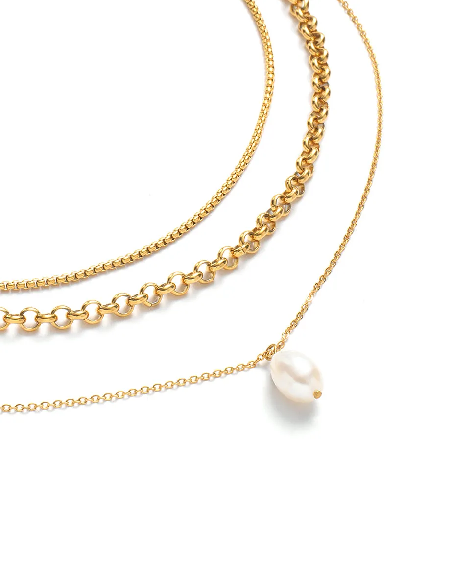 Gold Pearl Drop Triple Chain Necklace sold by Nobody's Child product image thumbnail 3