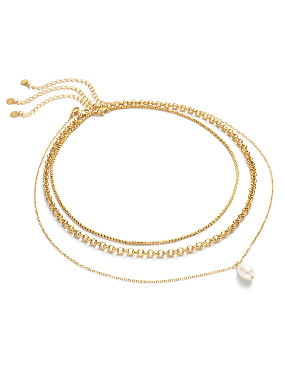 Gold Pearl Drop Triple Chain Necklace sold by Nobody's Child product image thumbnail 2