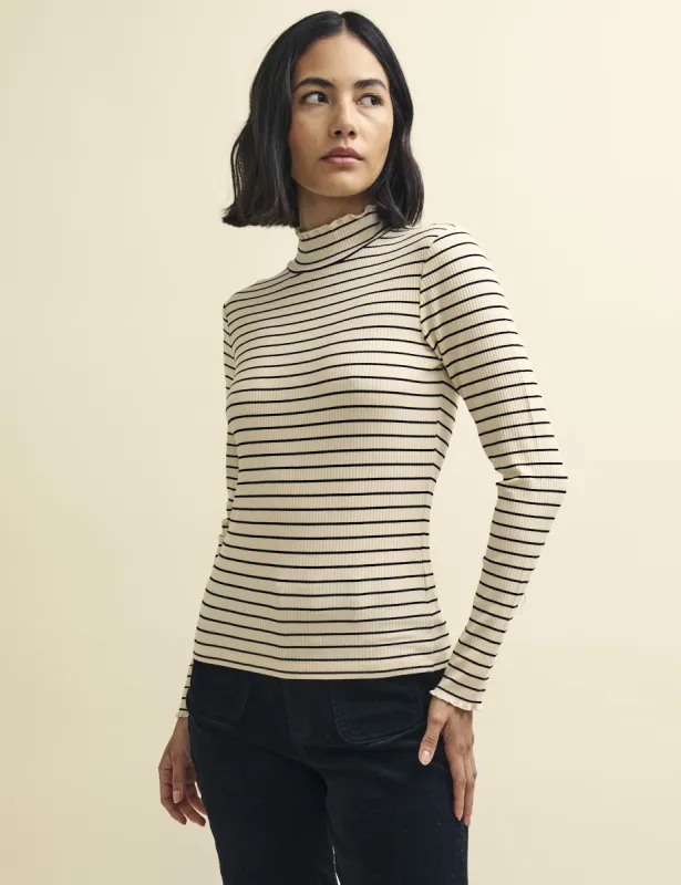 Black and Cream Stripe Funnel Neck Lizzie Top sold by Nobody's Child