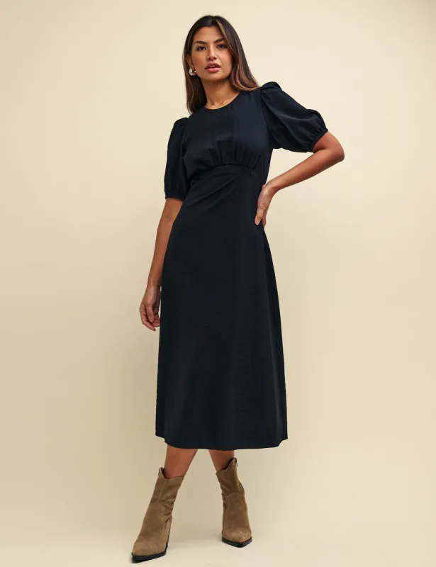 Black Puff Sleeve Bonnie Midi Dress sold by Nobody's Child