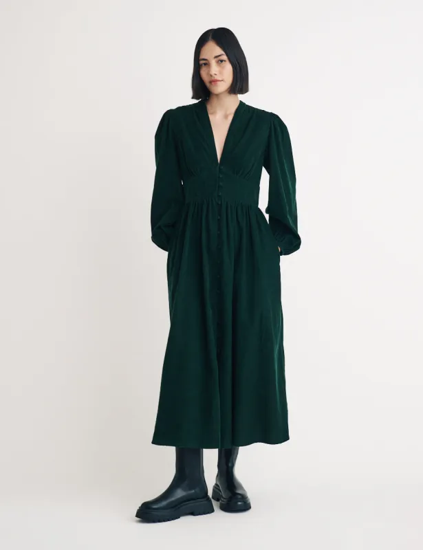 Dark Green Cord Long Sleeve Starlight Midi Dress sold by Nobody's Child