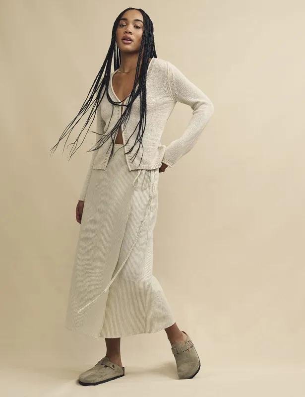 Cream Pinstripe Linen-blend Wrap Midi Skirt sold by Nobody's Child