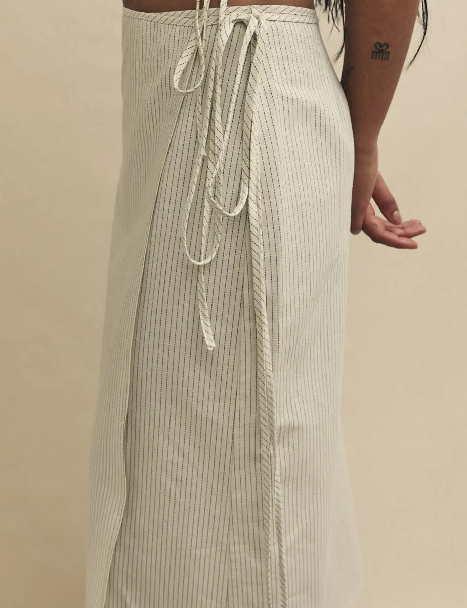 Cream Pinstripe Linen-blend Wrap Midi Skirt sold by Nobody's Child product image thumbnail 3