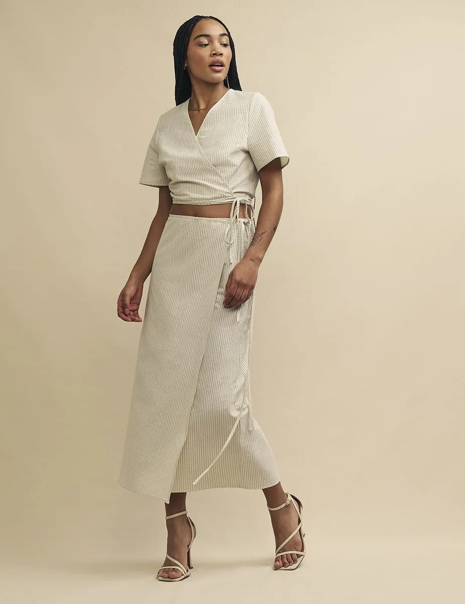 Cream Pinstripe Linen-blend Wrap Midi Skirt sold by Nobody's Child product image thumbnail 2