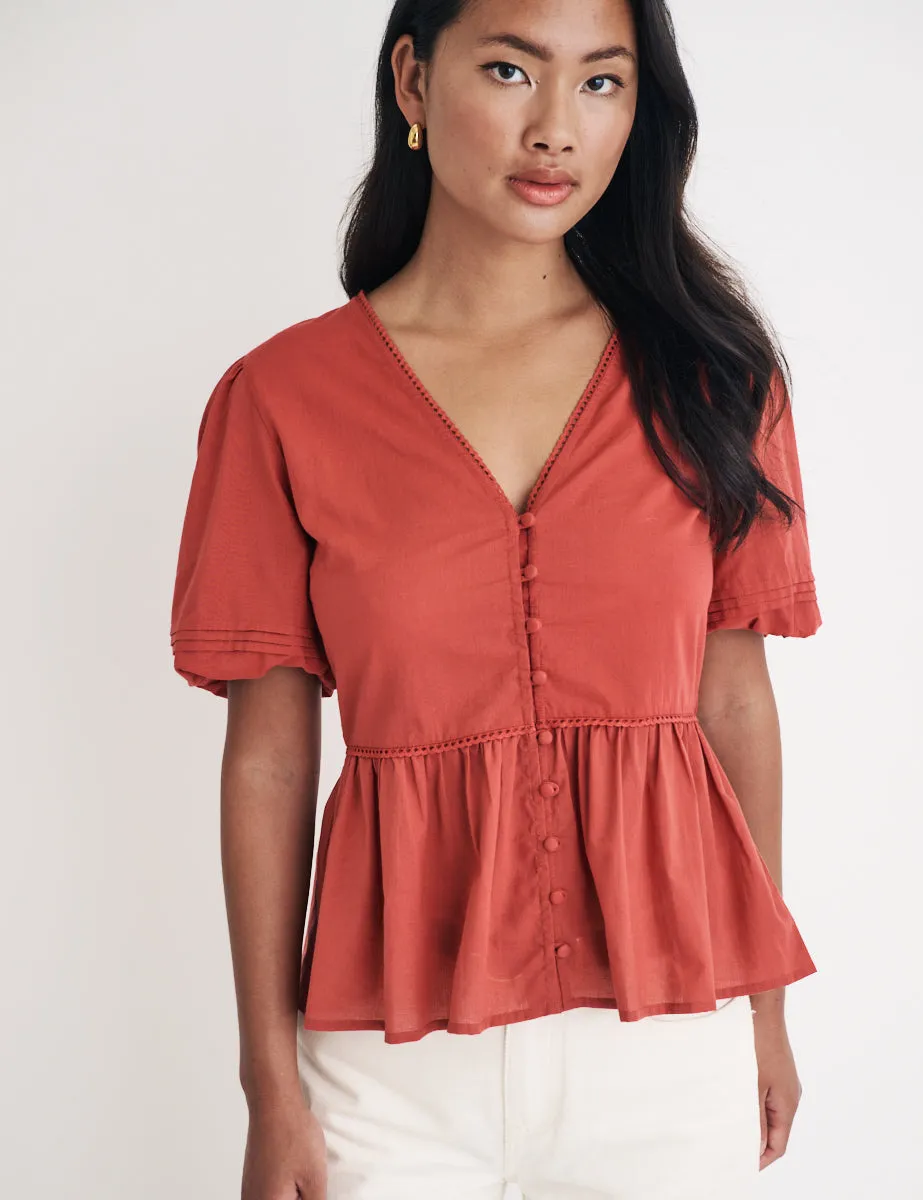 Red Puff Sleeve Peplum Blouse sold by Nobody's Child product image thumbnail 3