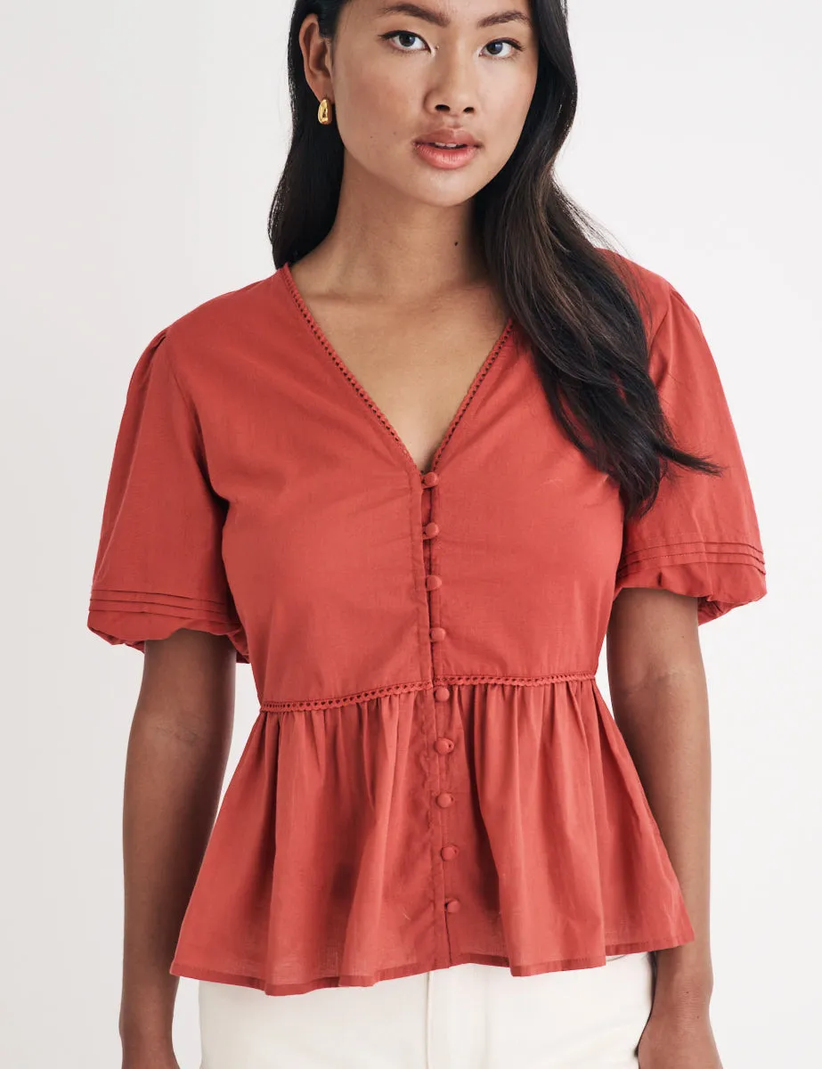 Red Puff Sleeve Peplum Blouse sold by Nobody's Child