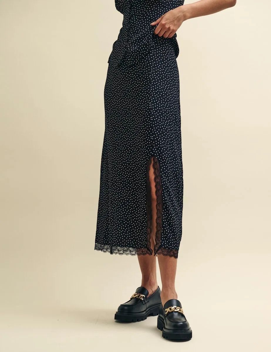 Black Spot Print Side Slit Janie Midi Skirt sold by Nobody's Child
