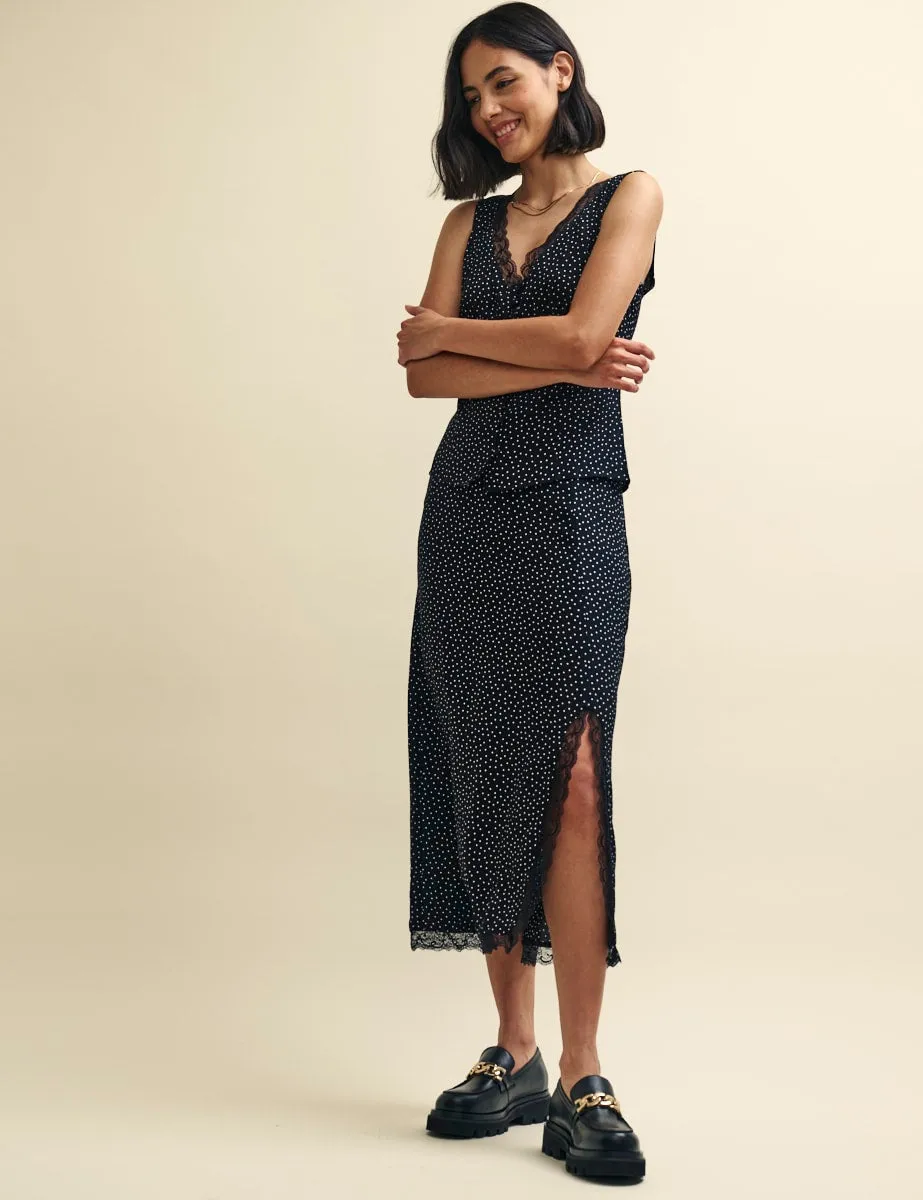 Black Spot Print Side Slit Janie Midi Skirt sold by Nobody's Child product image thumbnail 2