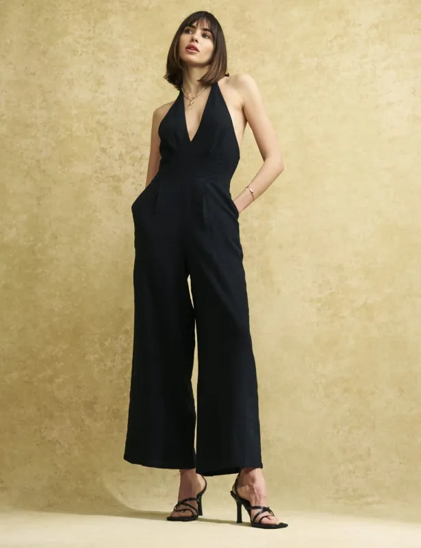 Black Halter Neck Linen-blend Jumpsuit sold by Nobody's Child