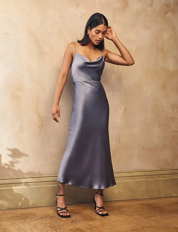 Blue Satin Trixie Bridesmaid Midaxi Dress sold by Nobody's Child