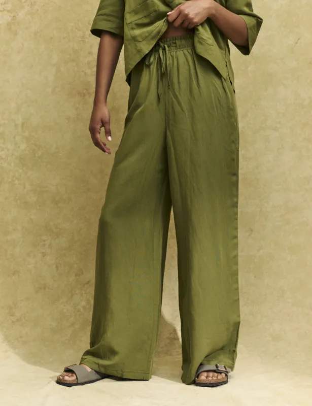 Khaki Linen-blend Drawstring Wide Leg Trousers sold by Nobody's Child