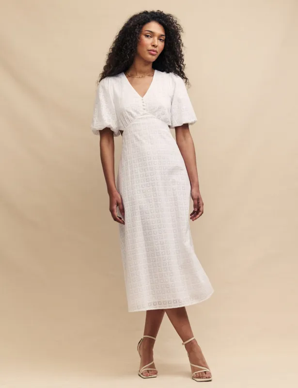 White Broderie Anglaise Cut Out Detail Gabriella Midi Dress sold by Nobody's Child