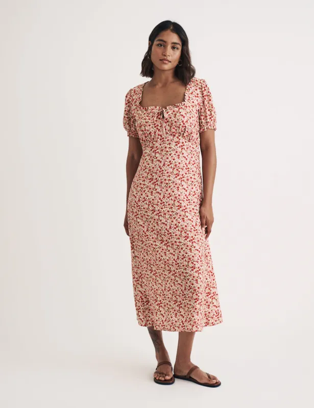 Pink Ditsy Floral Prairie Milkmaid Midi Dress sold by Nobody's Child