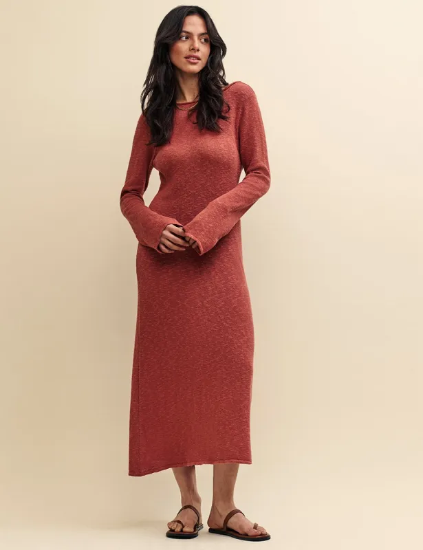 Brown Long Sleeve A-Line Scoop Back Knitted Midi Dress sold by Nobody's Child