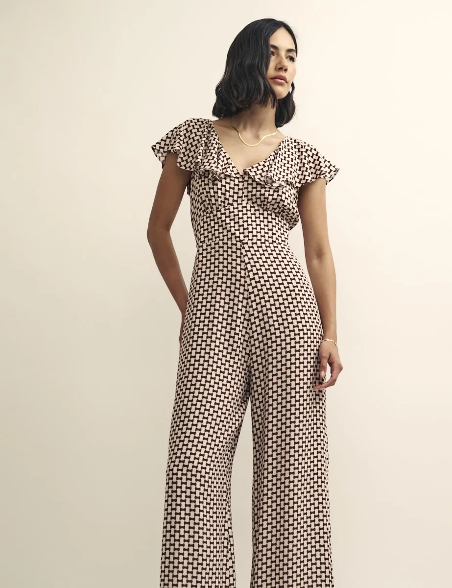 Petite Brown Geo Print Flutter Sleeve Suki Jumpsuit sold by Nobody's Child product image thumbnail 2