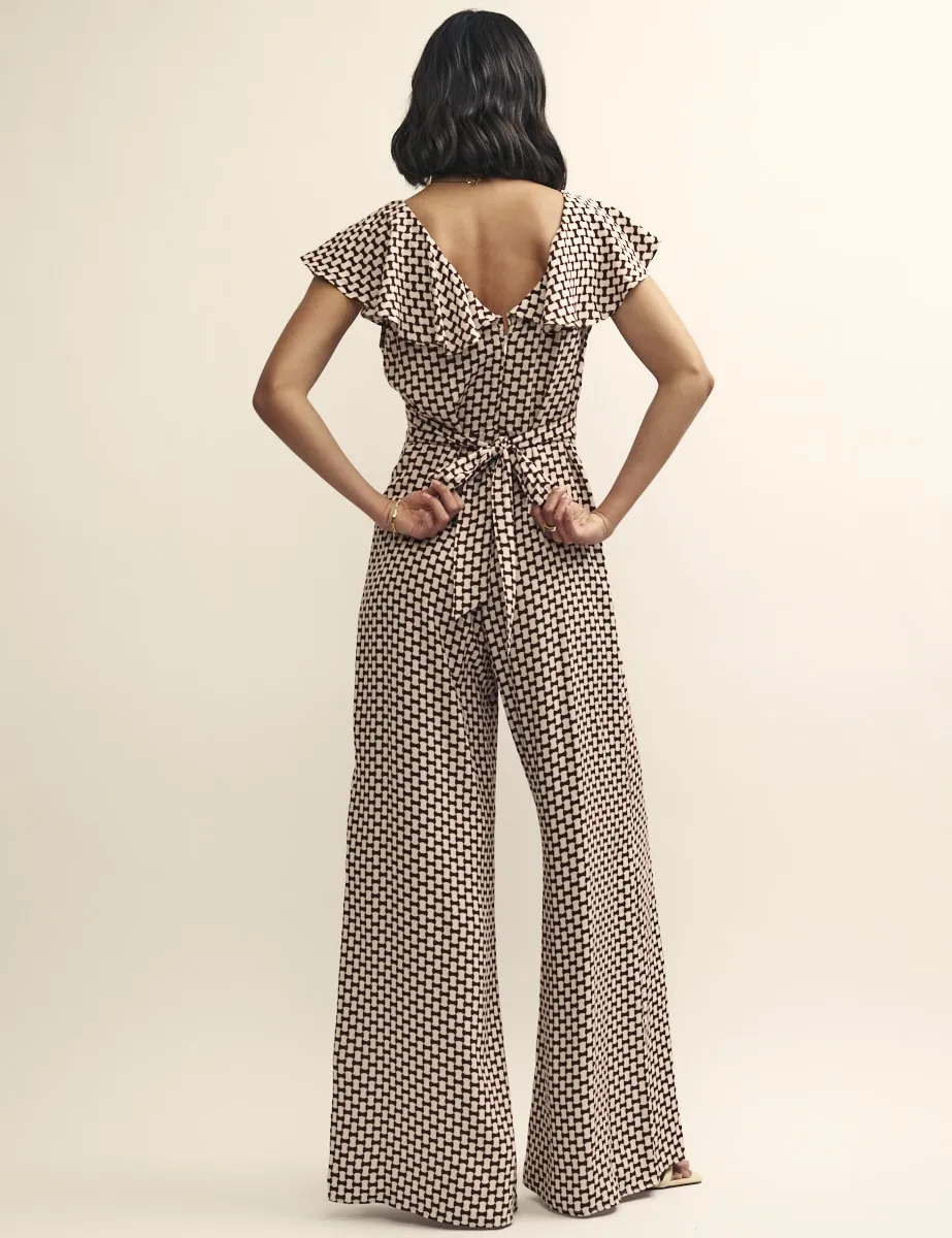 Petite Brown Geo Print Flutter Sleeve Suki Jumpsuit sold by Nobody's Child product image thumbnail 3