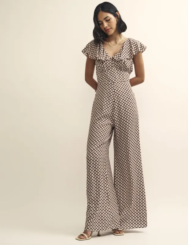 Petite Brown Geo Print Flutter Sleeve Suki Jumpsuit sold by Nobody's Child
