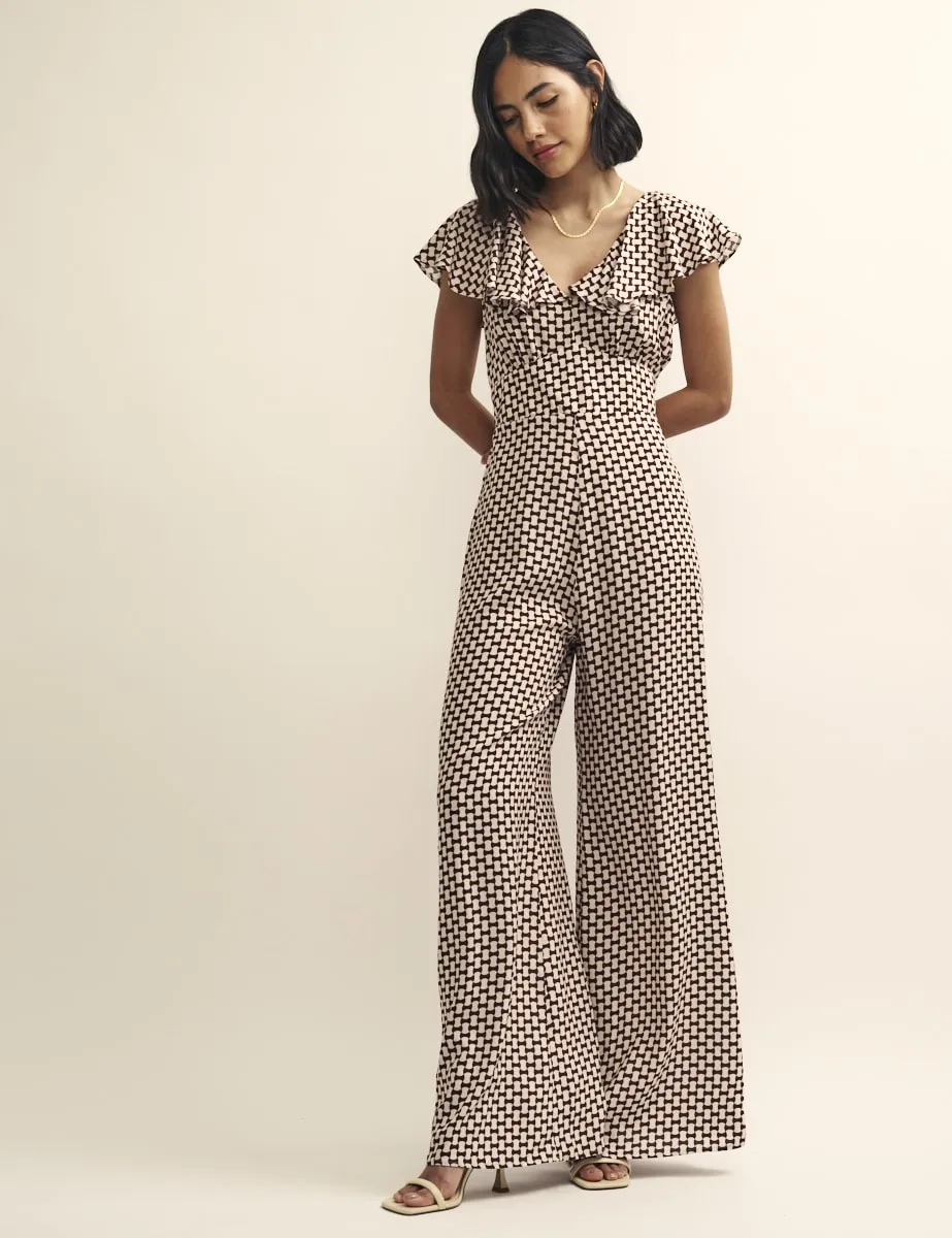 Petite Brown Geo Print Flutter Sleeve Suki Jumpsuit sold by Nobody's Child