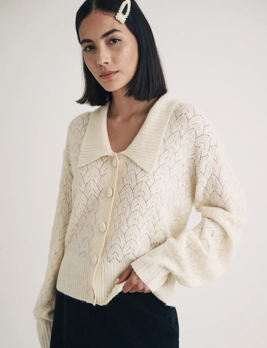 Cream Collar Pointelle Wool Blend Knitted Cardigan sold by Nobody's Child