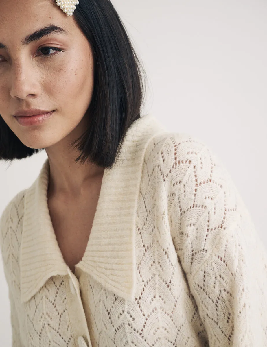 Cream Collar Pointelle Wool Blend Knitted Cardigan sold by Nobody's Child product image thumbnail 2