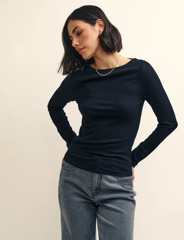Black Long Sleeve Slash Neck Top sold by Nobody's Child