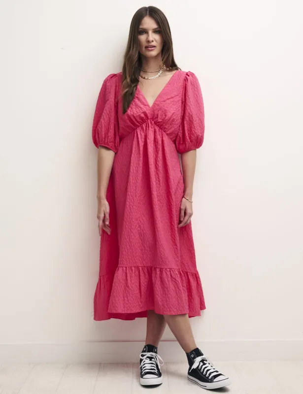 Pink V-Neck Puff Sleeve Amy Midi Dress sold by Nobody's Child