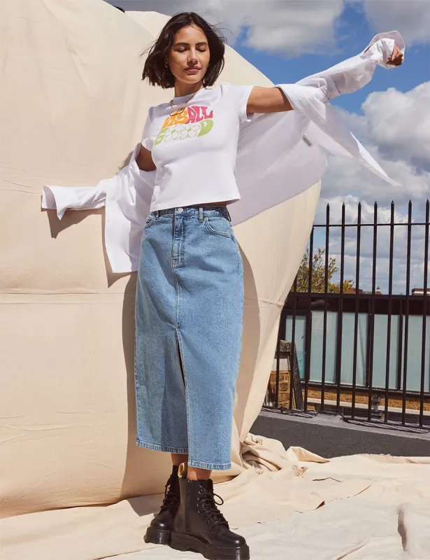 Blue Denim Front Slit Midi Skirt sold by Nobody's Child