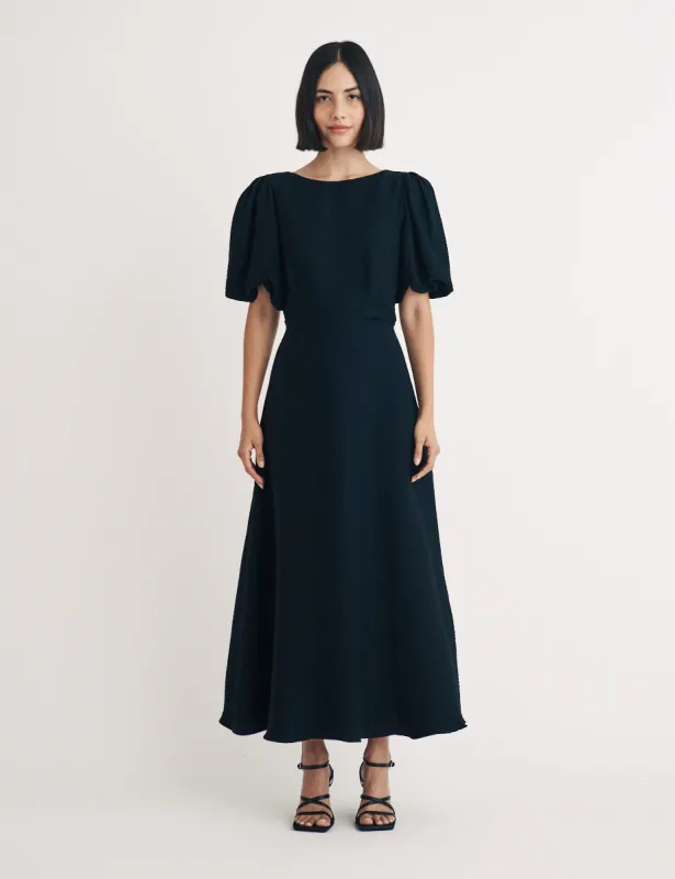 Black Puff Sleeve Zora Midi Dress sold by Nobody's Child