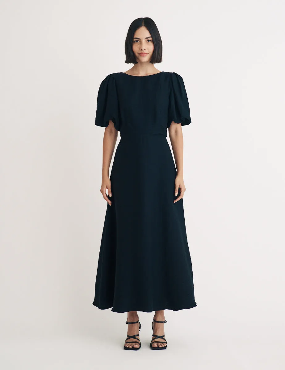 Black Puff Sleeve Zora Midi Dress sold by Nobody's Child