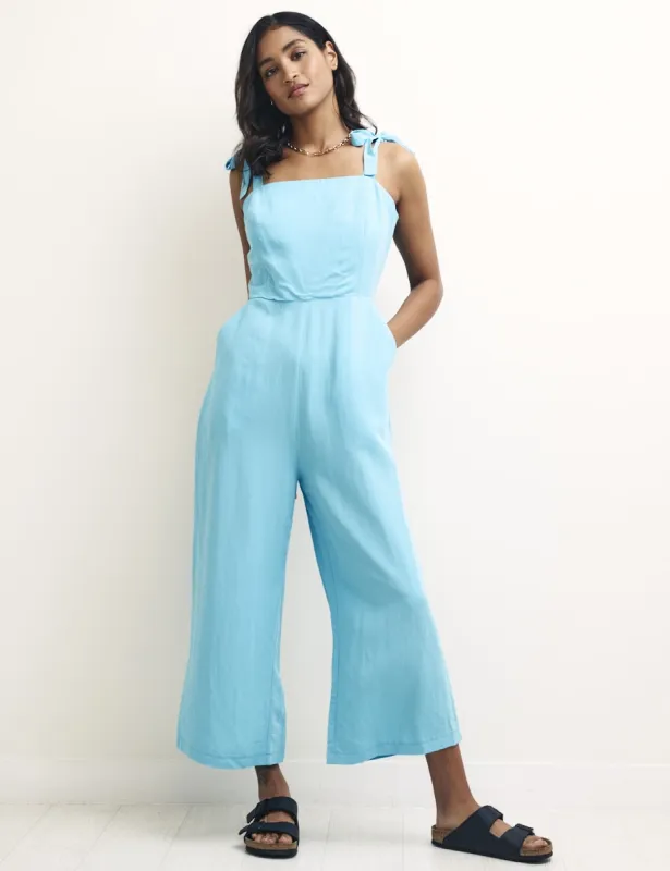 Blue Linen-blend Tie Shoulder Meg Jumpsuit sold by Nobody's Child