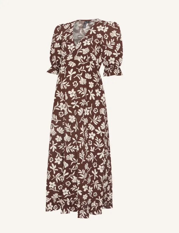 Maternity Brown Botanical Print Delilah Midi Dress sold by Nobody's Child