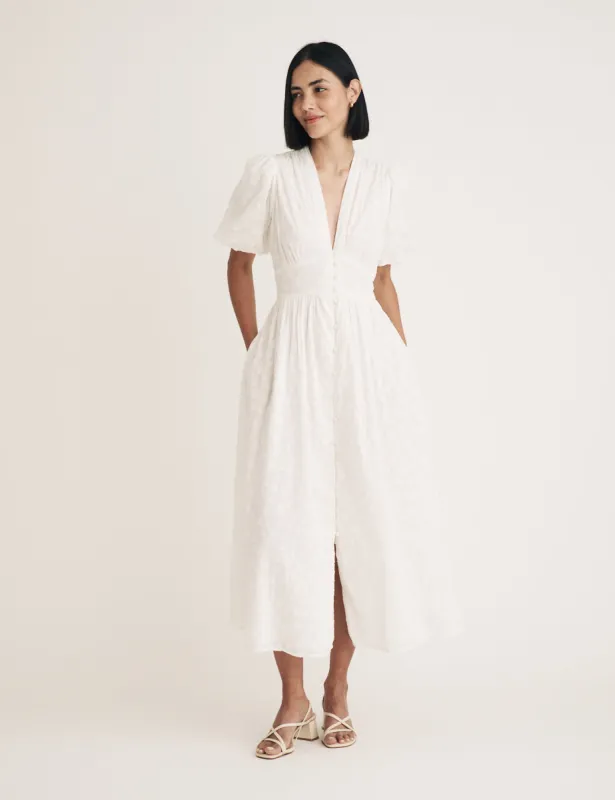 White Textured Spot Starlight Midi Dress sold by Nobody's Child