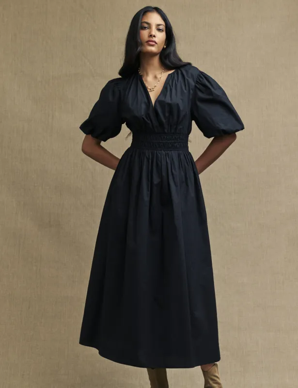 Black Puff Sleeve Athene Midi Dress sold by Nobody's Child