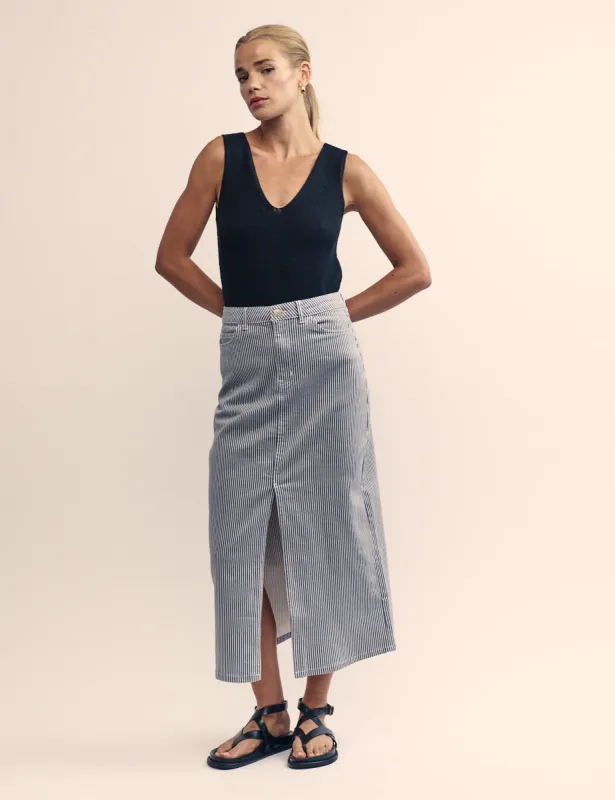 Blue Pinstripe Denim Midi Skirt sold by Nobody's Child