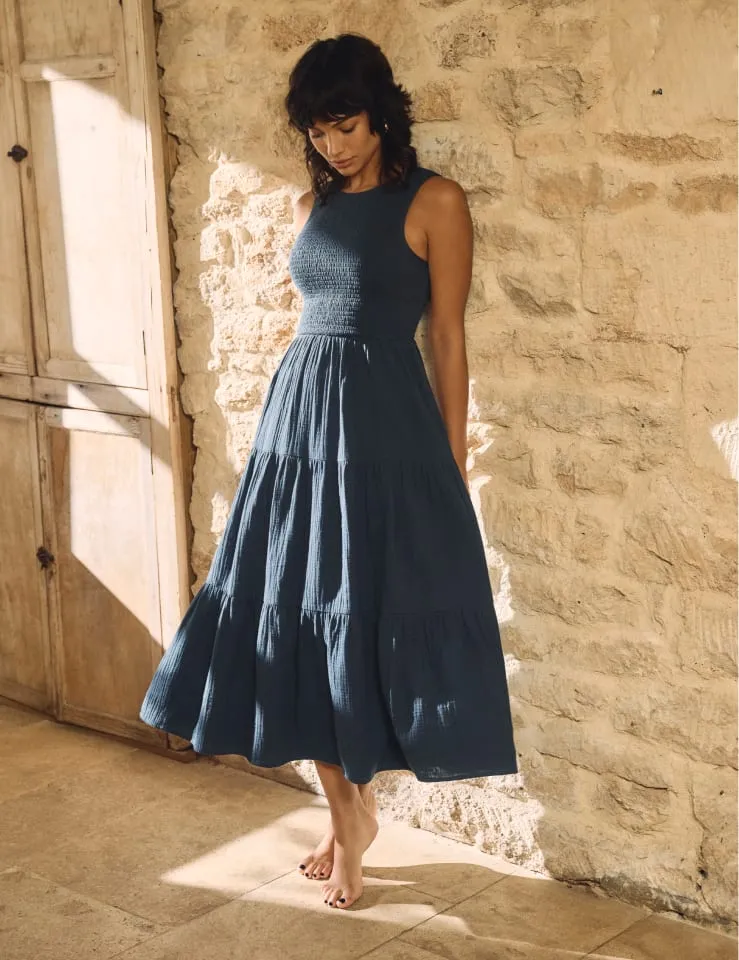 Navy Tiered Sleeveless Charlie Midi Dress sold by Nobody's Child
