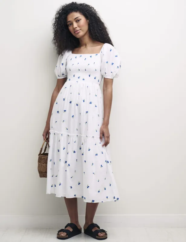 white blueberry embroidered puff sleeve tallulah midi dress White Blueberry Embroidered Puff Sleeve Tallulah Midi Dress