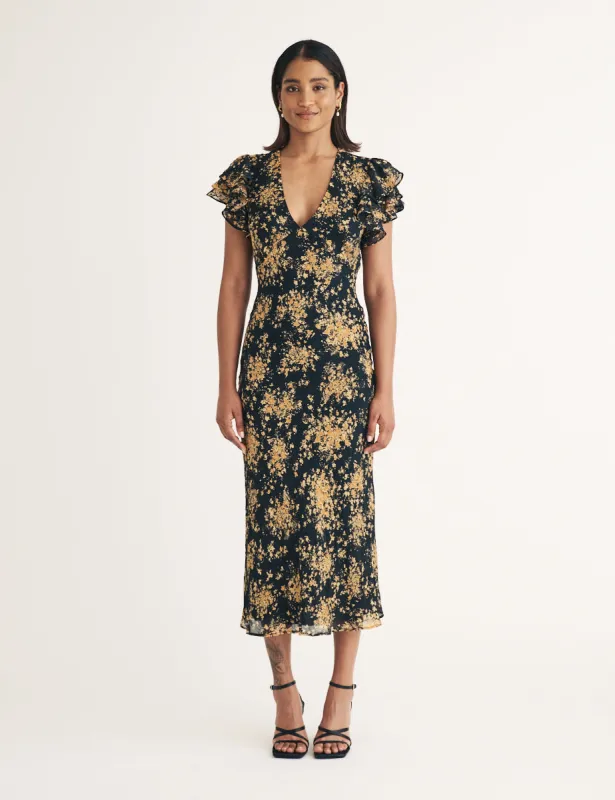 Black Floral Frill Sleeve Layla Midi Dress sold by Nobody's Child
