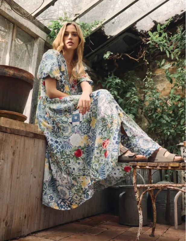 Blue Floral Tile Print Starlight Midi Dress sold by Nobody's Child