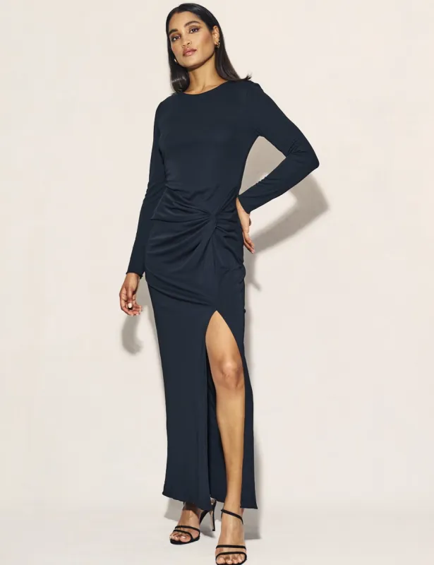 Black Side Slit Gathered Lenka Maxi Dress sold by Nobody's Child