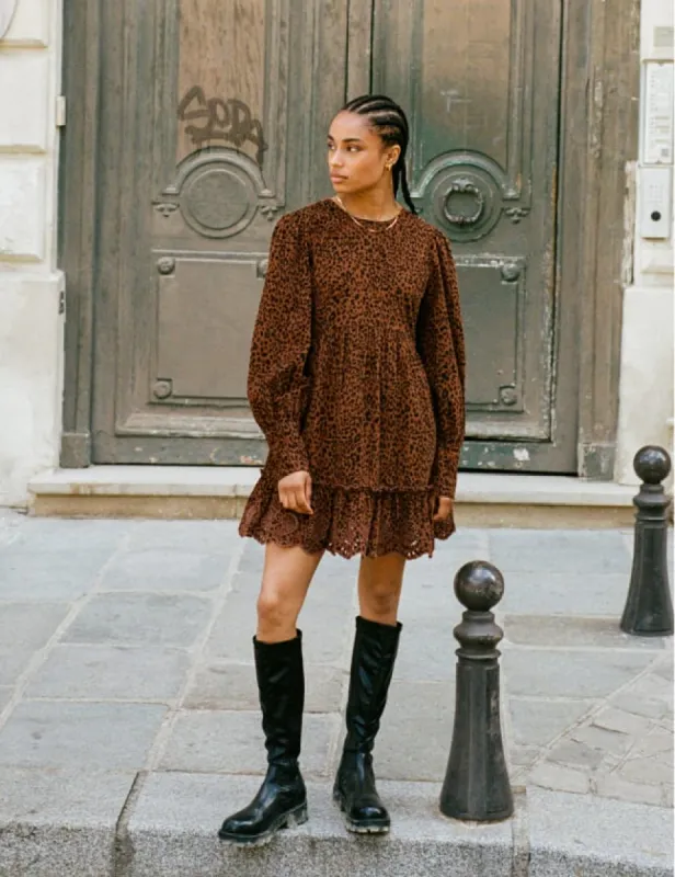 Leopard Print Cord Eyre Broderie Trim Smock Mini Dress sold by Nobody's Child