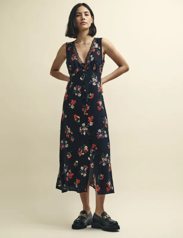 Black Wildflower Print Joni Midi Dress sold by Nobody's Child