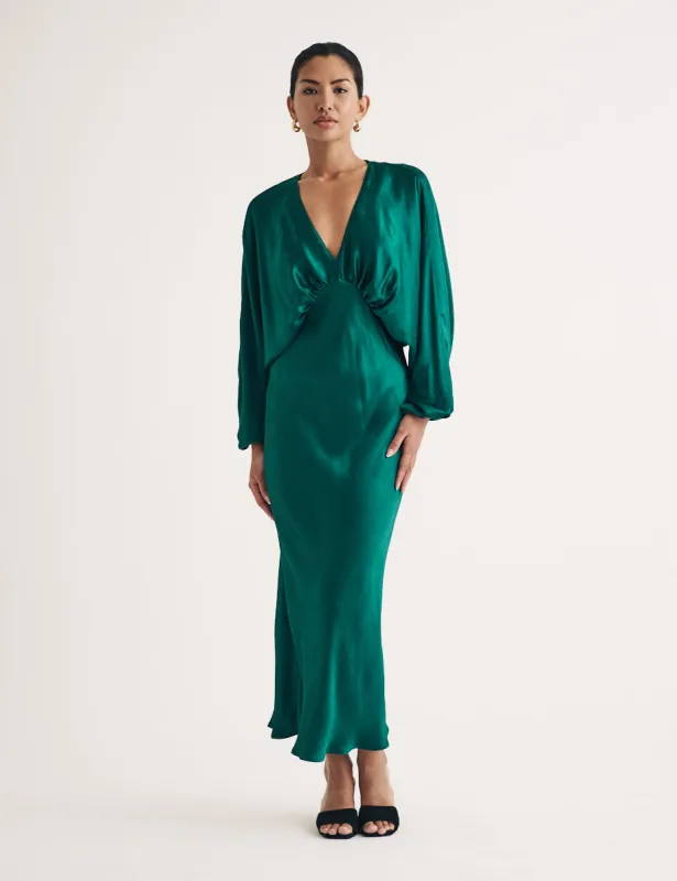Green Draped Satin Luella Midi Dress sold by Nobody's Child