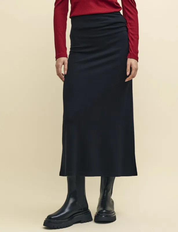 Black Jersey Ruched Midi Skirt sold by Nobody's Child