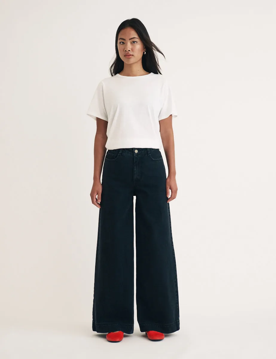 Black Denim Super Wide Leg Jeans sold by Nobody's Child