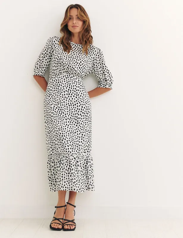 White Smudge Spot Print Selena Midi Dress sold by Nobody's Child