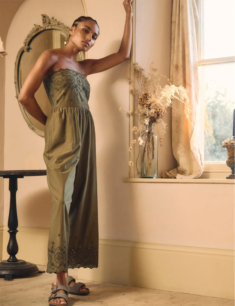 Khaki Broderie Hattie Jumpsuit sold by Nobody's Child