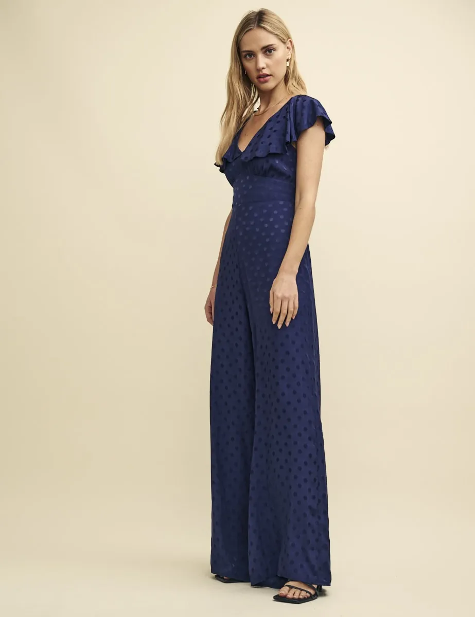 Navy Satin Jacquard Flutter Sleeve Suki Jumpsuit sold by Nobody's Child product image thumbnail 3